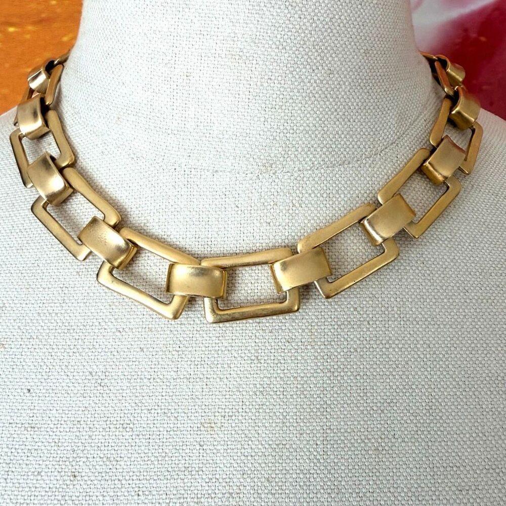 Vintage Gold Tone Modernist Chunky Geometric Rectangle Link Necklace